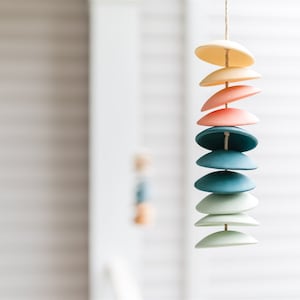 Ceramic Chimes in light yellow / coral / teal / seafoam - colorful stoneware wind chimes