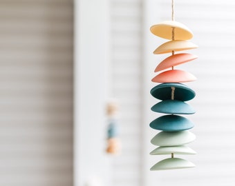 Ceramic Chimes in light yellow / coral / teal / seafoam - colorful stoneware wind chimes