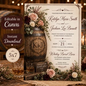 May include: A wedding invitation template featuring a rustic whiskey barrel topped with pink and dark red roses, eucalyptus, and text reading Katelyn Marie Smith and Jackson Lee Bennett, Sept 21 2026, at Whiskey Barrel Barn, Nashville, Tennessee.