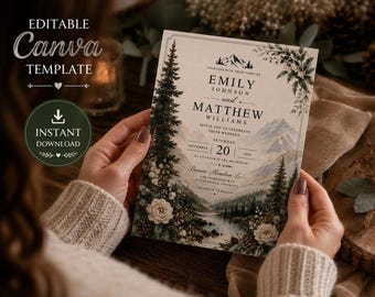Puede incluir: Una tarjeta de invitación de boda rectangular con una ilustración de paisaje montañoso con pinos, flores blancas y un lago. El texto dice: Emily Johnson and Matthew Williams, invite you to celebrate their wedding, Saturday September 20 2026.
