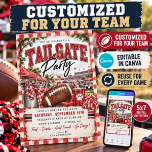 Könnte beinhalten: Eine rechteckige digitale Einladung für eine Tailgate-Party mit rot-weiß kariertem Rand, einem Football, einem Stadion im Hintergrund und Texten wie "Tailgate Party" und "Dawg Stadium". Ein Smartphone zeigt das gleiche Design auf dem Bildschirm.