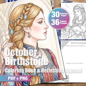 May include: A coloring book and reflection journal with the text "October Birthstone." The cover features a detailed illustration of a woman with blonde hair and jewelry. The book includes 30 coloring pages and 36 guided prompts.