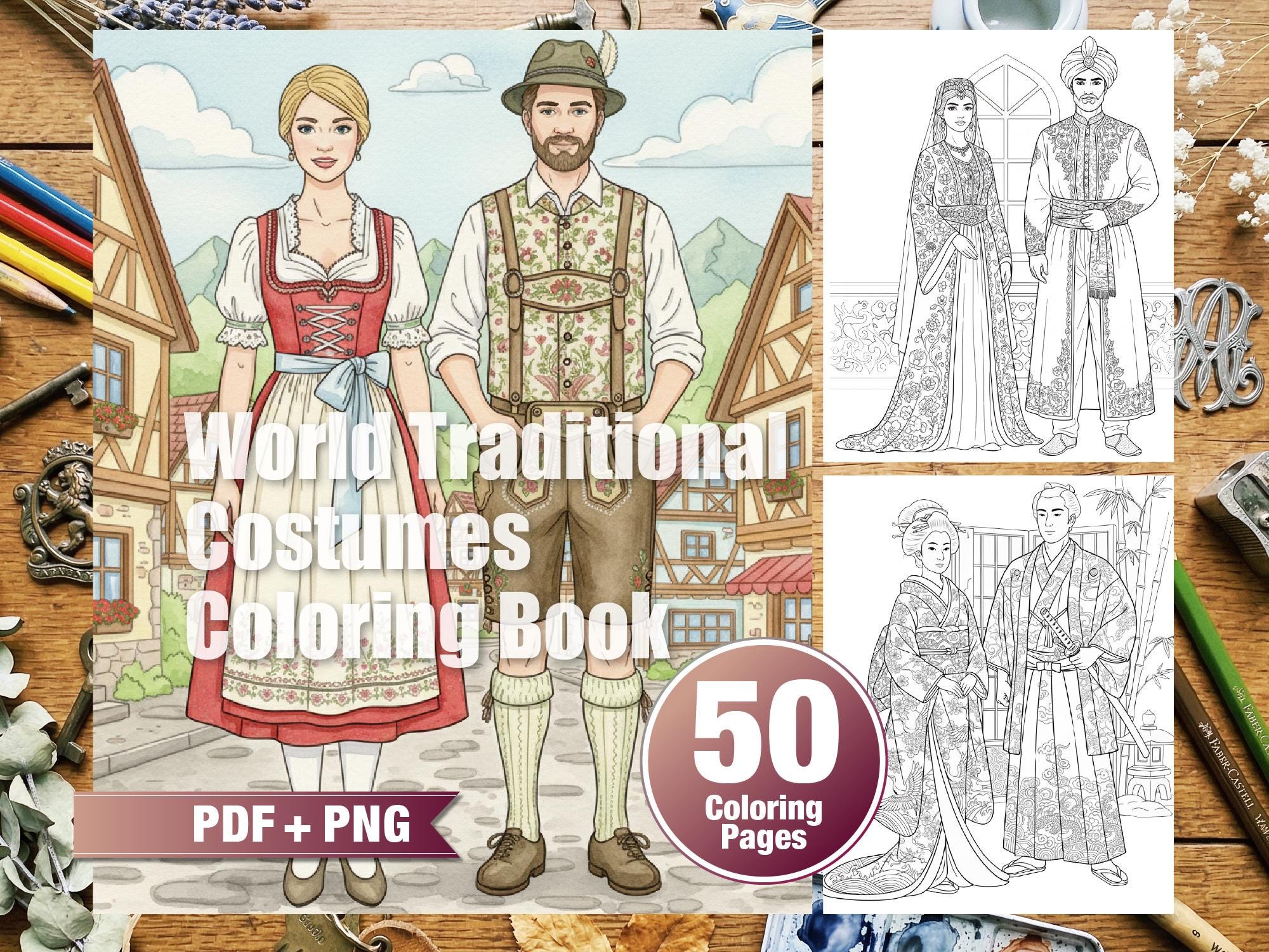 World Traditional Costumes Coloring Book | 50 Cultural Fashion Pages ...