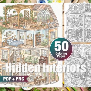 Könnte beinhalten: Eine digitale Sammlung von 50 Ausmalbildern mit dem Titel Hidden Interiors, die detaillierte Illustrationen von mehrstöckigen Puppenhäusern, einem Wollgeschäft und Baumhäusern zeigt. Das Set enthält PDF- und PNG-Dateien mit feinen Linien.