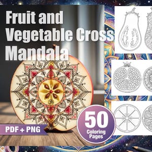 Könnte beinhalten: Ein digitaler Download mit einem Malbuch für Obst- und Gemüse-Kreuzmandala. Das Bild zeigt ein detailliertes Apfelscheiben-Mandala mit zusätzlichen Strichzeichnungen einer Granatapfel, Zitrone und Aubergine. Der Text lautet "Fruit and Vegetable Cross Mandala" und "50 Coloring Pages."