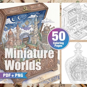 Malvorlagen für Erwachsene: Miniaturwelten | Druckbare PDF-Datei, Digitales Malbuch, Winzige Städte, Magische Bibliotheken, Gemütliche Dörfer