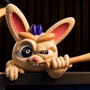 May include: A beige creature figurine with large ears, pink inner ears, and a purple tuft of hair on its head. The creature has one large black eye and one squinting eye, a pink nose, and is holding a light brown wooden baseball bat in its hand.