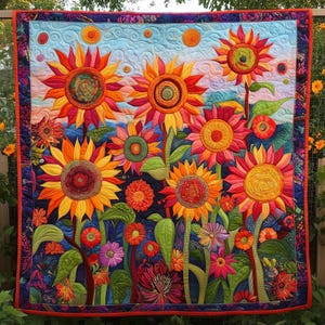Edredón de girasoles coloridos, manta floral bohemia, edredón de jardín vibrante, manta de patchwork hecha a mano, ropa de cama artística, decoración cottagecore