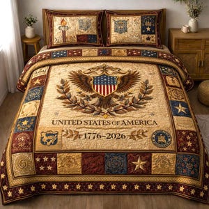 Könnte beinhalten: Beiges Bettwäsche-Set mit patriotischem Thema. Die Steppdecke zeigt die Worte "United States of America 1776-2026" und ein Adler-Emblem. Das Set enthält zwei Kissenbezüge mit passenden Designs.