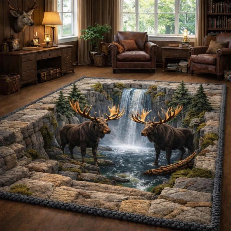 Real Moose Rug Moose Waterfall Area Rug, 3D Forest Rug, Rustic Cabin Decor Rug ...