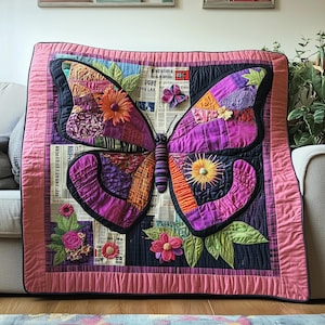 Manta acolchada de mariposas coloridas, manta de patchwork hecha a mano, colcha con apliques morados, cubrecama artístico, manta acogedora para el sofá.