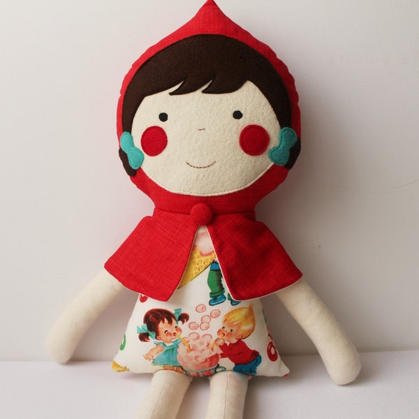 Little Red Riding Hood rag doll with pigtails