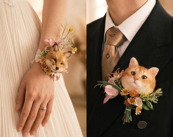 Custom Wool Felt Cat Wrist Corsage | Bridal Wedding Wrist Flower, Graduation Pet Brooch, Exclusive Keepsake Gift for Cat Lovers