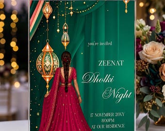 Plantilla de invitación para la noche de Dholki / Faroles dorados verde esmeralda (Descarga digital)