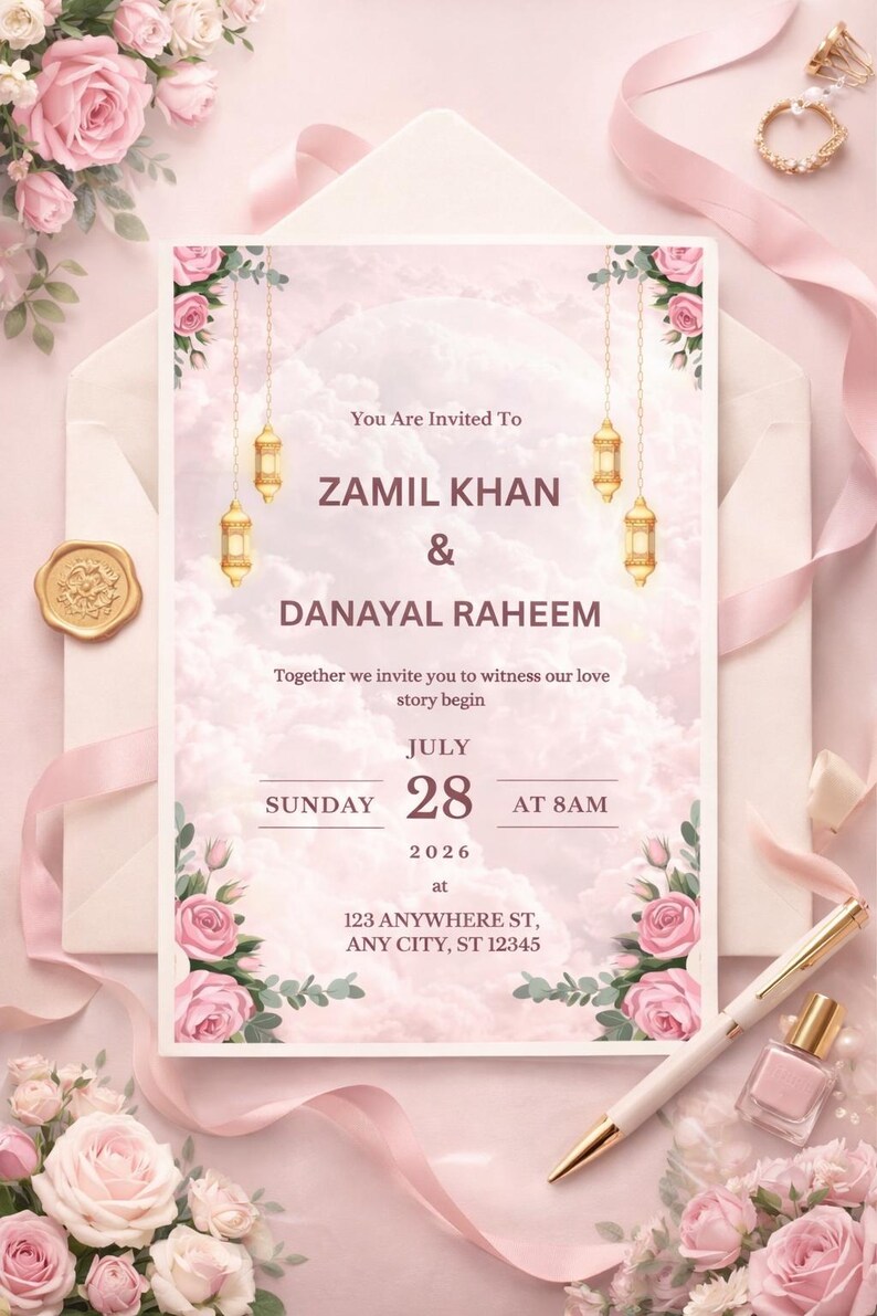 Puede incluir: Una tarjeta de invitaci&oacute;n de boda con un fondo de nubes rosa suave, rosas rosadas y linternas doradas colgantes. El texto dice: You Are Invited To ZAMIL KHAN & DANAYAL RAHEEM, Sunday July 28 2026 at 8AM, 123 ANYWHERE ST, ANY CITY, ST 12345.