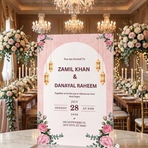 Puede incluir: Un letrero rectangular de invitaci&oacute;n de boda sobre un soporte de acr&iacute;lico transparente con un dise&ntilde;o de arco rosa, detalles florales y linternas colgantes. El texto dice: You Are Invited To ZAMIL KHAN & DANAYAL RAHEEM, Sunday July 28 2026 at 8AM, 123 ANYWHERE ST, ANY CITY, ST 12345.