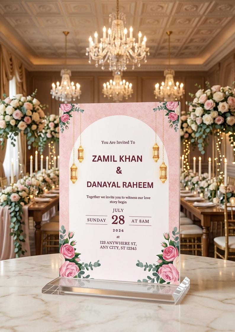 Puede incluir: Un letrero rectangular de invitaci&oacute;n de boda sobre un soporte de acr&iacute;lico transparente con un dise&ntilde;o de arco rosa, detalles florales y linternas colgantes. El texto dice: You Are Invited To ZAMIL KHAN & DANAYAL RAHEEM, Sunday July 28 2026 at 8AM, 123 ANYWHERE ST, ANY CITY, ST 12345.