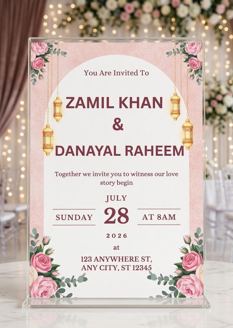 Puede incluir: Un letrero de invitaci&oacute;n de boda de acr&iacute;lico transparente con fondo de arco blanco, bordes florales rosas y linternas doradas colgantes. El texto dice: You Are Invited To ZAMIL KHAN & DANAYAL RAHEEM, Together we invite you to witness our love story begin, JULY SUNDAY 28 AT 8AM 2026 at 123 ANYWHERE ST, ANY CITY, ST 12345.