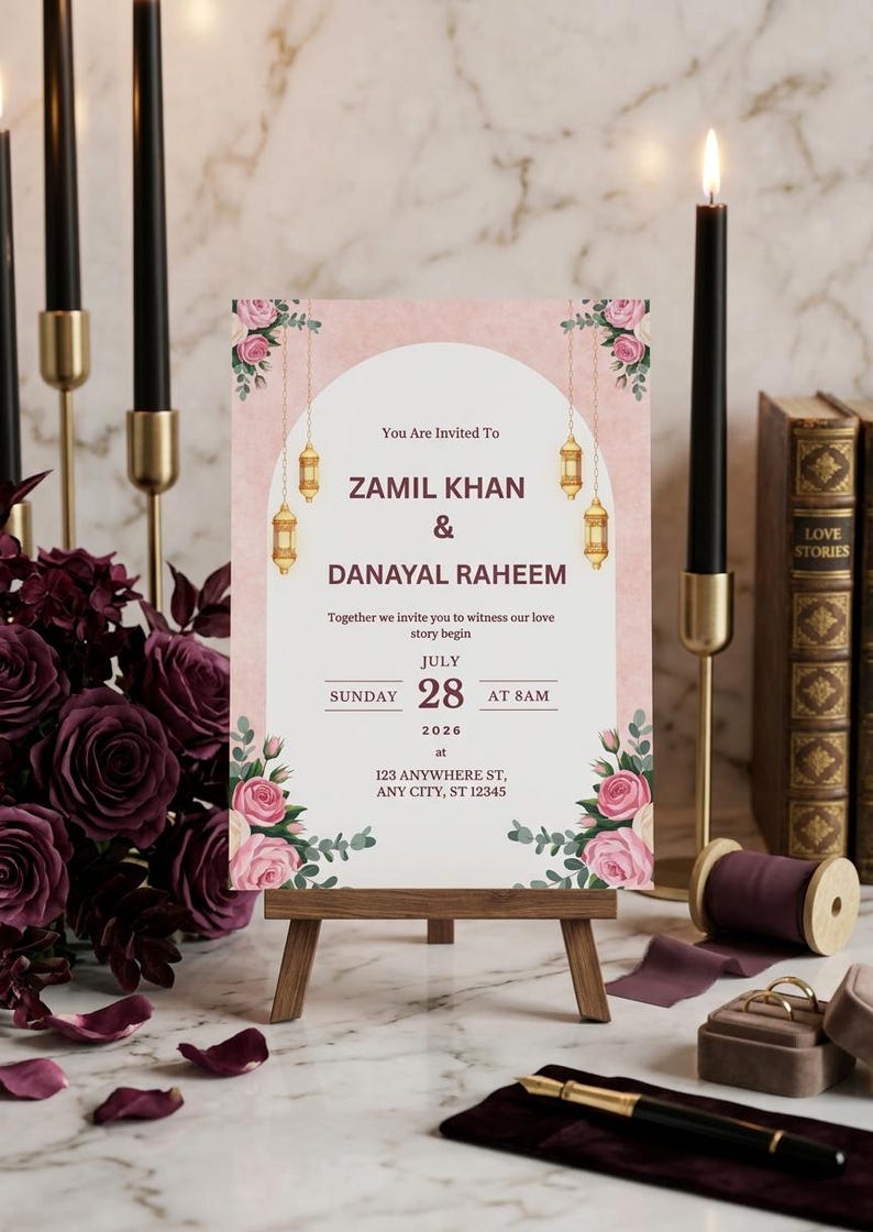 Puede incluir: Una tarjeta de invitaci&oacute;n de boda sobre un caballete de madera con un arco blanco, fondo rosa texturizado y detalles florales. El texto dice: You Are Invited To ZAMIL KHAN & DANAYAL RAHEEM, Together we invite you to witness our love story begin, JULY SUNDAY 28 AT 8AM 2026 at 123 ANYWHERE ST, ANY CITY, ST 12345.