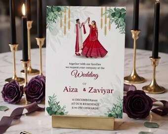 Plantilla de invitación de boda pakistaní-india / Ilustración minimalista de pareja con motivos florales (descarga digital)