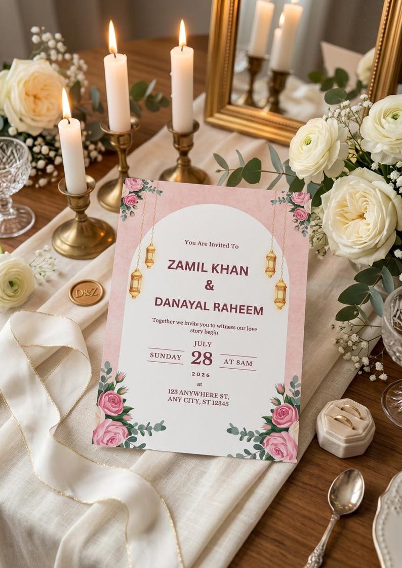 Puede incluir: Una tarjeta de invitaci&oacute;n de boda rectangular con un dise&ntilde;o de arco rosa y blanco, linternas doradas colgantes e ilustraciones de rosas rosas. El texto dice: You Are Invited To ZAMIL KHAN & DANAYAL RAHEEM, JULY SUNDAY 28 AT 8AM 2026, 123 ANYWHERE ST, ANY CITY, ST 12345.