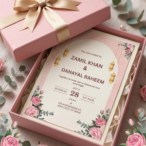 May include: A pink gift box with a gold ribbon bow, open to reveal a wedding invitation. The invitation features floral accents, gold lanterns, and the names Zamil Khan & Danayal Raheem, with the date July 28, 2026.