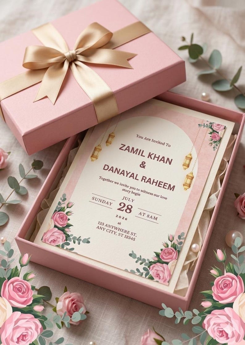 Puede incluir: Una caja de regalo rosa con cinta de sat&eacute;n que contiene una tarjeta de invitaci&oacute;n de boda. La tarjeta presenta ilustraciones de rosas, gr&aacute;ficos de linternas colgantes y el texto Zamil Khan & Danayal Raheem, 28 de julio de 2026, 8 AM.