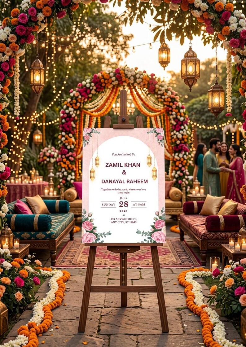 Puede incluir: Un letrero rectangular de invitaci&oacute;n de boda sobre un caballete de madera con fondo rosa, un centro blanco arqueado, detalles florales y el texto: You Are Invited To ZAMIL KHAN & DANAYAL RAHEEM, Sunday July 28 2026 at 8AM, 155 Anywhere St.