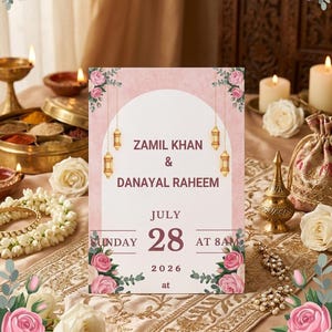 Puede incluir: Una tarjeta de invitaci&oacute;n de boda rectangular con un dise&ntilde;o de arco blanco, ilustraciones de rosas rosadas y linternas doradas colgantes. El texto dice Zamil Khan & Danayal Raheem, domingo 28 de julio de 2026 a las 8 AM. Fondo rosa suave.