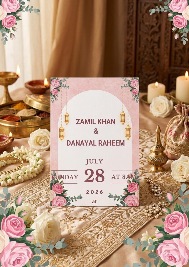 Puede incluir: Una tarjeta de invitaci&oacute;n de boda rectangular con un dise&ntilde;o de arco blanco, ilustraciones de rosas rosadas y linternas doradas colgantes. El texto dice Zamil Khan & Danayal Raheem, domingo 28 de julio de 2026 a las 8 AM. Fondo rosa suave.