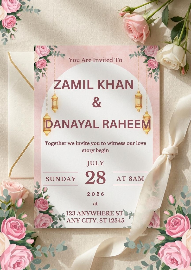 Puede incluir: Una tarjeta de invitaci&oacute;n de boda con rosas rosas, hojas verdes y linternas doradas colgantes. El texto dice: You Are Invited To ZAMIL KHAN & DANAYAL RAHEEM, Together we invite you to witness our love story begin, JULY 28, 2026, at 123 ANYWHERE ST.