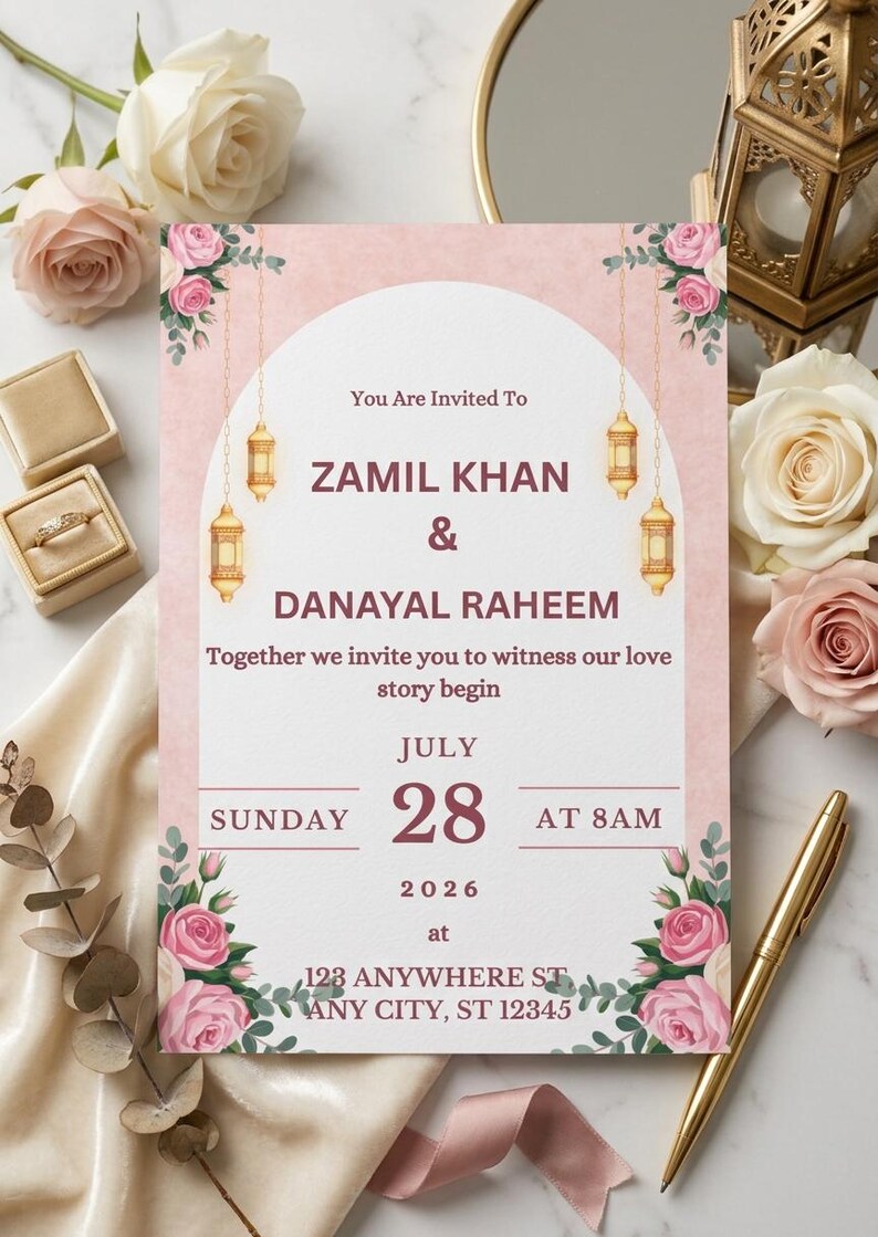 Puede incluir: Una tarjeta de invitaci&oacute;n de boda rectangular con fondo rosa, un arco blanco, linternas doradas colgantes e ilustraciones de rosas. El texto dice: You Are Invited To ZAMIL KHAN & DANAYAL RAHEEM, JULY 28, 2026, at 123 ANYWHERE ST, ANY CITY, ST 12345.