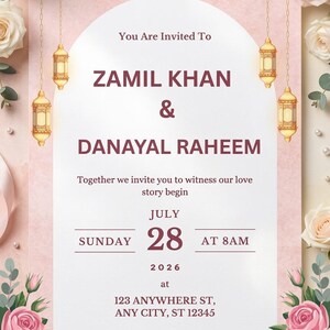 Puede incluir: Una tarjeta de invitaci&oacute;n de boda con un centro arqueado blanco sobre un fondo rosa, decorada con rosas rosas y linternas doradas colgantes. El texto dice: You Are Invited To ZAMIL KHAN & DANAYAL RAHEEM, July 28, 2026, at 8AM, 123 ANYWHERE ST.
