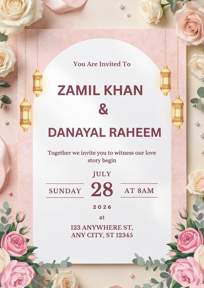 Puede incluir: Una tarjeta de invitaci&oacute;n de boda con un centro arqueado blanco sobre un fondo rosa, decorada con rosas rosas y linternas doradas colgantes. El texto dice: You Are Invited To ZAMIL KHAN & DANAYAL RAHEEM, July 28, 2026, at 8AM, 123 ANYWHERE ST.