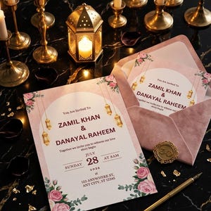 Puede incluir: Un juego de invitaciones de boda con borde floral rosa, ilustraciones de linternas doradas y texto que anuncia la boda de Zamil Khan y Danayal Raheem el domingo 28 de julio de 2026 a las 8 a. m., con un sobre de terciopelo rosa y sello dorado.