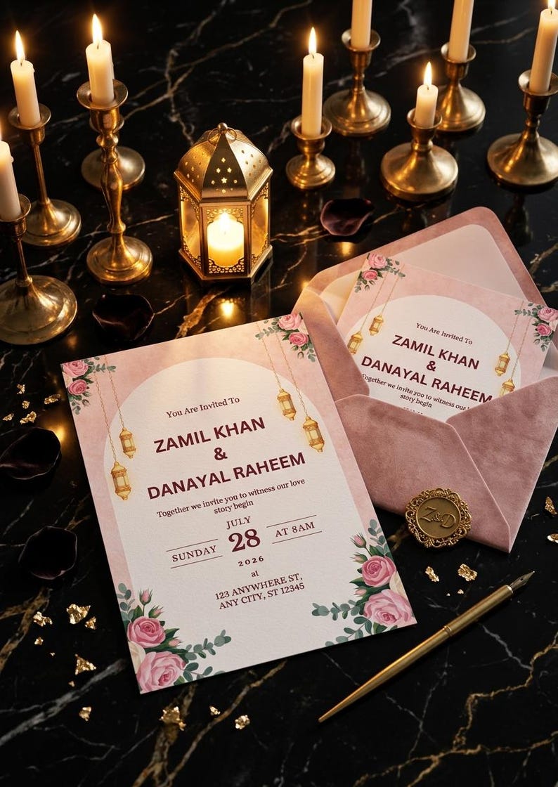 Puede incluir: Un juego de invitaciones de boda con borde floral rosa, ilustraciones de linternas doradas y texto que anuncia la boda de Zamil Khan y Danayal Raheem el domingo 28 de julio de 2026 a las 8 a. m., con un sobre de terciopelo rosa y sello dorado.