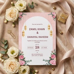 Puede incluir: Una tarjeta de invitaci&oacute;n de boda rectangular con un arco blanco, linternas doradas colgantes e ilustraciones de rosas rosadas. El texto dice: You Are Invited To ZAMIL KHAN & DANAYAL RAHEEM, Together we invite you to witness our love story begin, JULY SUNDAY 28 AT 8AM 2026 at 123 ANYWHERE ST, ANY CITY, ST 12345.