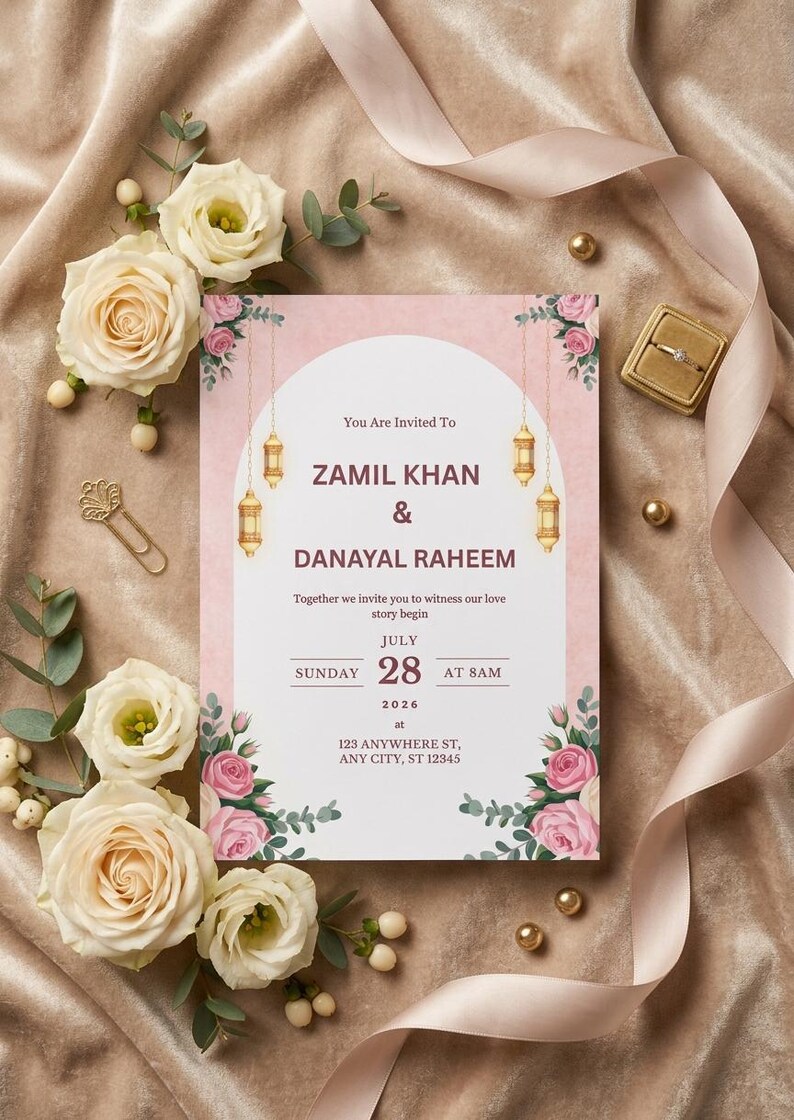 Puede incluir: Una tarjeta de invitaci&oacute;n de boda rectangular con un arco blanco, linternas doradas colgantes e ilustraciones de rosas rosadas. El texto dice: You Are Invited To ZAMIL KHAN & DANAYAL RAHEEM, Together we invite you to witness our love story begin, JULY SUNDAY 28 AT 8AM 2026 at 123 ANYWHERE ST, ANY CITY, ST 12345.