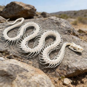 Esqueleto completo de serpiente de origen ético: cráneo, columna vertebral y coxis, huesos de animales reales, ejemplar de taxidermia.