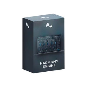 Può includere: Una scatola grigio scuro con le parole "HARMONY ENGINE" in bianco. La scatola presenta un'interfaccia di workstation audio digitale sul davanti. Un logo bianco è sulla parte superiore. Lo sfondo è bianco.