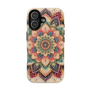 May include: A rectangular mobile phone case featuring a symmetrical, multi-layered mandala pattern. The design incorporates intricate floral and geometric motifs in a rich color palette of deep purple, teal, magenta, and warm cream tones.