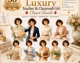 Luxury Teacher Clipart Bundle, 30 PNG Classroom Teacher Girl Clipart, School Education Clip Art, Commercial Use Digital Download