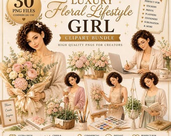 Luxury Floral Lifestyle Girl Clipart Bundle, Flower Market Girl PNG, Botanical Girl Clipart, Floral Café PNG, 30 PNG, Commercial Use
