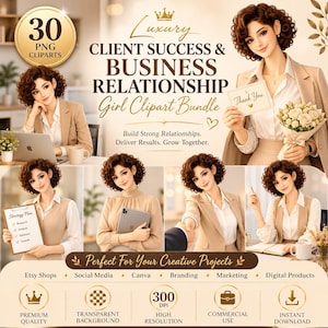 May include: A digital clipart bundle featuring 30 PNG images of a woman with short brown curly hair in professional attire. The graphics show various business scenarios including holding a tablet, a strategy plan, and a bouquet of flowers.