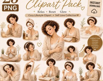 Self Care Girl Clipart PNG Cozy Girl Aesthetic Relaxing Lifestyle Clipart Canva Graphics Mental Health Digital Stickers
