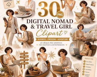 Digital Nomad & Travel Girl Clipart Bundle,30 PNG Travel Lifestyle Clipart, Cozy Vanlife Laptop Girl, Remote Work Aesthetic, Transparent PNG