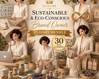Luxury Sustainable Brand Owner Girl Clipart Bundle | Eco Business Woman PNG | AI Entrepreneur Clipart | 30 Transparent PNGs