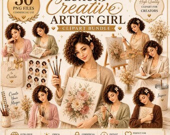 Luxury Creative Artist Girl Clipart Bundle, 30 PNG, 3D Female Artist Clipart, Painting, Watercolor, Sketch,Creative Business, Commercial Use