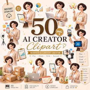 Op de afbeelding: Een digitale kunstcollectie getiteld "50 AI Creator Clipart" met illustraties van een vrouw in een beige blazer. De clipart is ontworpen voor bedrijven en content creatie, met iconen en tekst zoals "Plan, Create, Grow, Succeed". Inclusief "Direct downloaden" en "Commercieel gebruik OK".