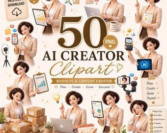 AI Creator Clipart Bundle, 50 Business Woman PNG, Content Creator Graphics, Social Media Kit, Digital Download